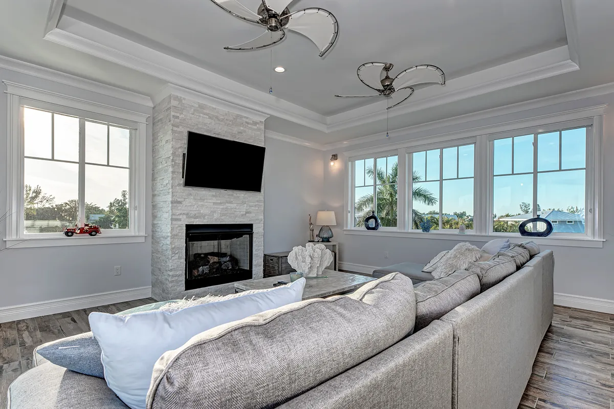 Elegant living room with stone fireplace